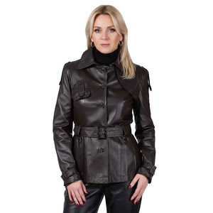 Intuition Paris Brown Nappa Lamb Leather Double Breasted Belted Jacket SZ Small